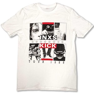 May include: White t-shirt with a black and white photo collage of the band INXS. The band's name and the word "Kick" are in red. The text "Tour 1988" is printed below the collage.