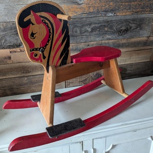 Vintage Wooden Rocking Horse: Antique Toddler Toy Decor