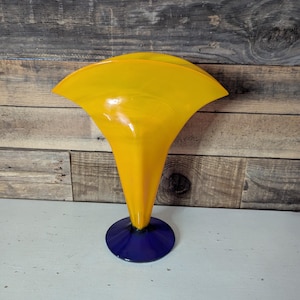 Blenko Yellow and Blue Glass Art Vase Signed 2000