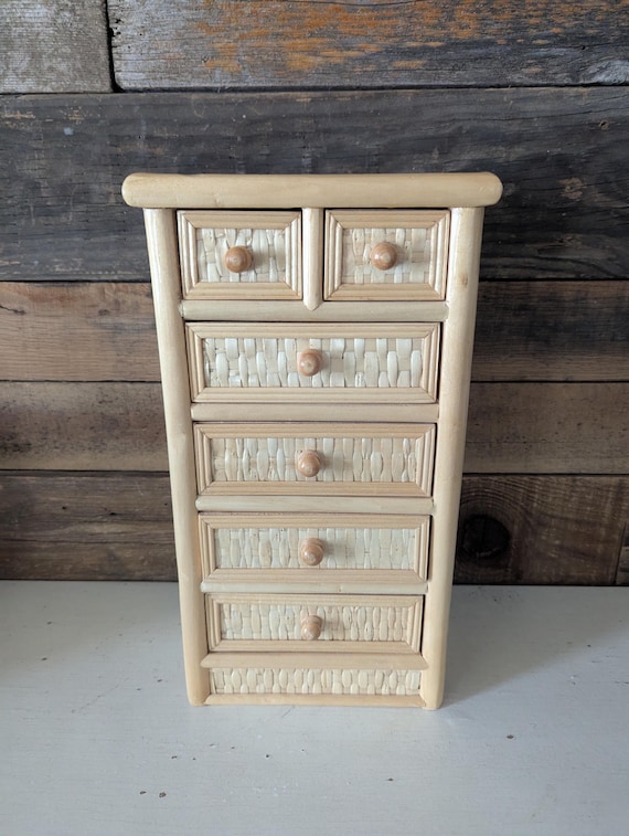 Bamboo Chest Vintage Wicker Drawer Chest Miniature Doll Furniture Jewelry Box Storage