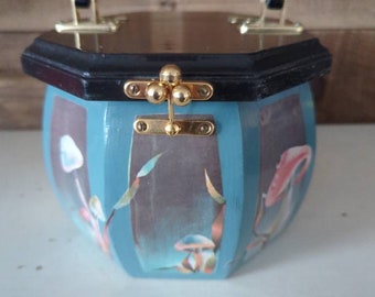 Wooden Purse Blue Mushroom Box Purse Vintage 1960 Handbag