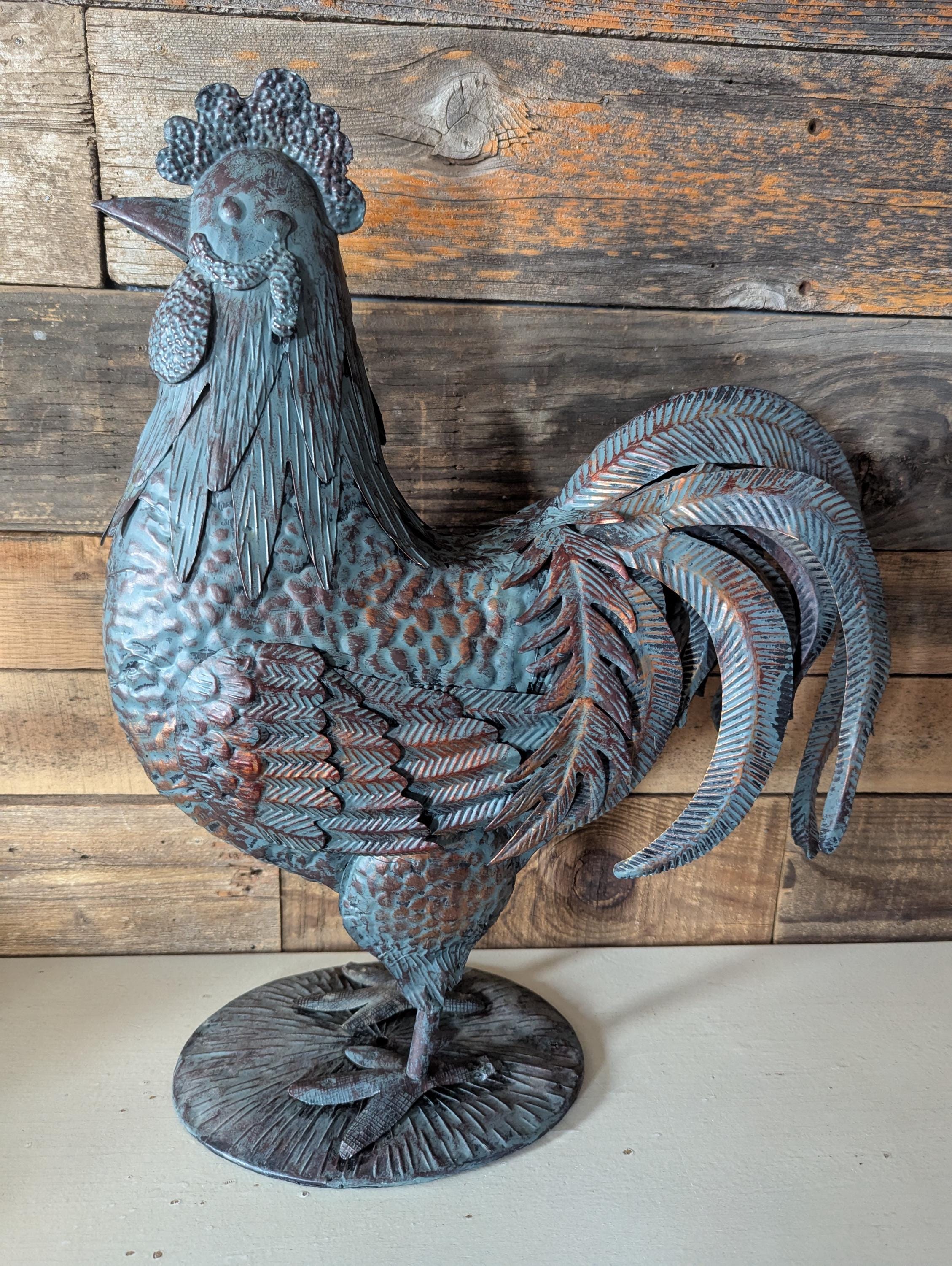 Large Rooster Sculpture Metal Chicken Decor Blue Copper Painted Tin Chicken