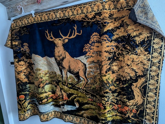 Vintage 1970 Tapestry Elk and Mountain Blue Sky Rug or Wall