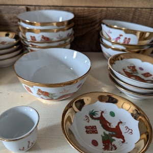 Vintage Red Dragon Phoenix Bowls: China Rice Bowl Set
