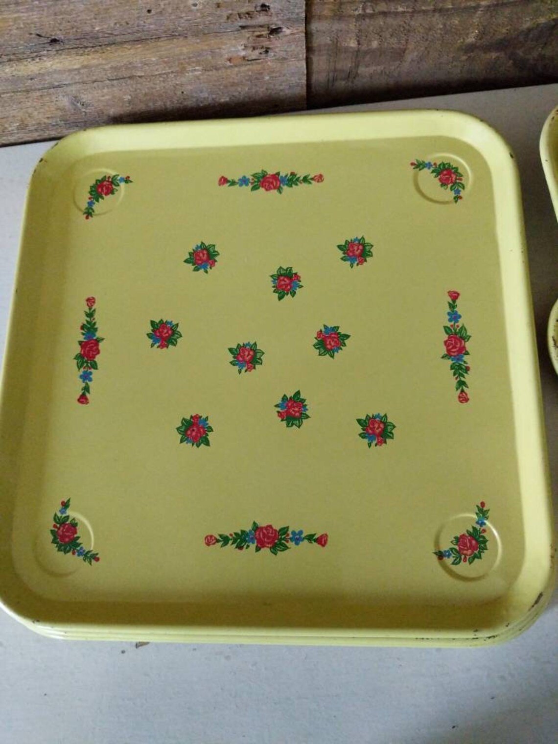 Vintage Yellow Metal Tray Rose Print Square Tray Etsy