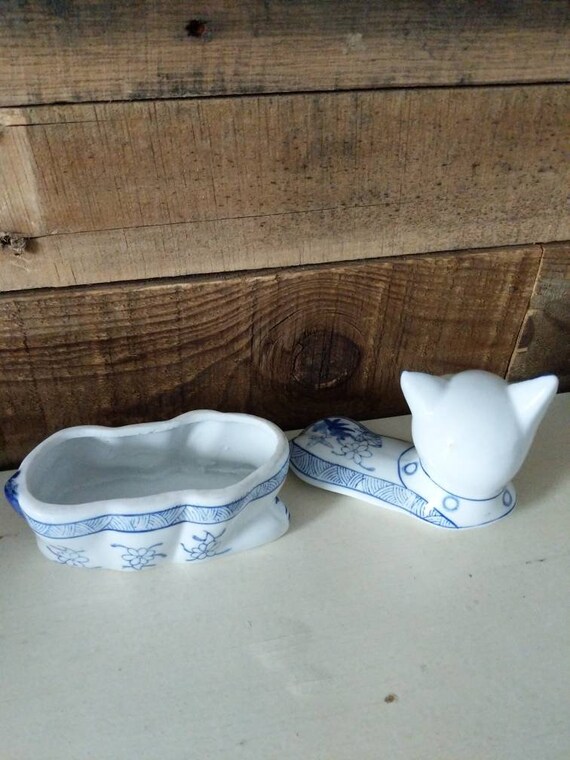 Cat Trinket Box Ceramic Blue Vintage - image 4