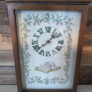 Vintage Cross Stitch Strawberry Clock in Wood and Glass Case