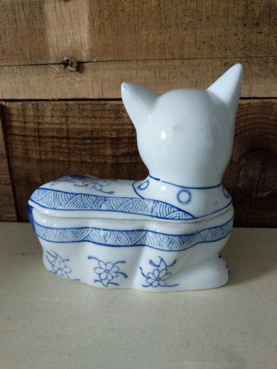 Cat Trinket Box Ceramic Blue Vintage - image 2