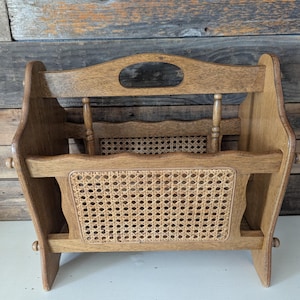 Vintage MCM Wood and Rattan Cane Magazine Rack