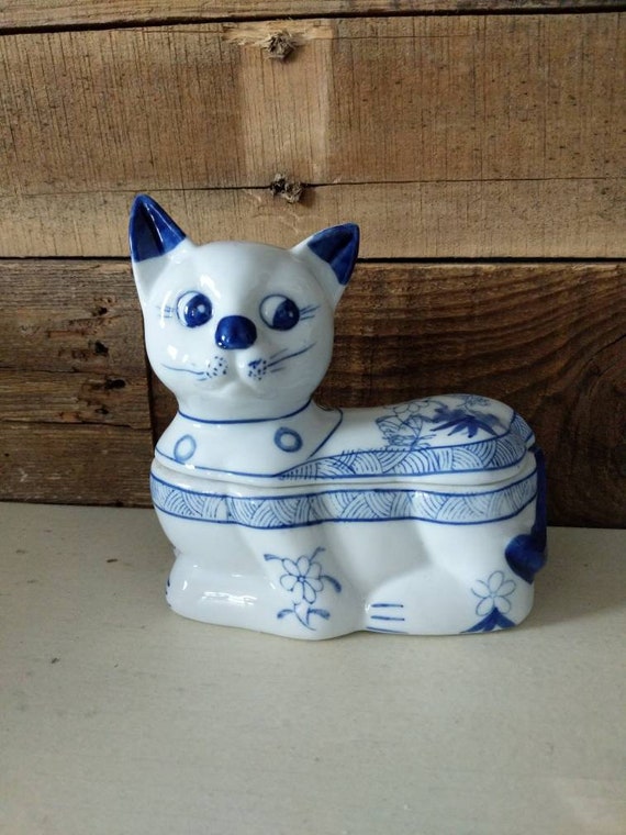 Cat Trinket Box Ceramic Blue Vintage - image 10