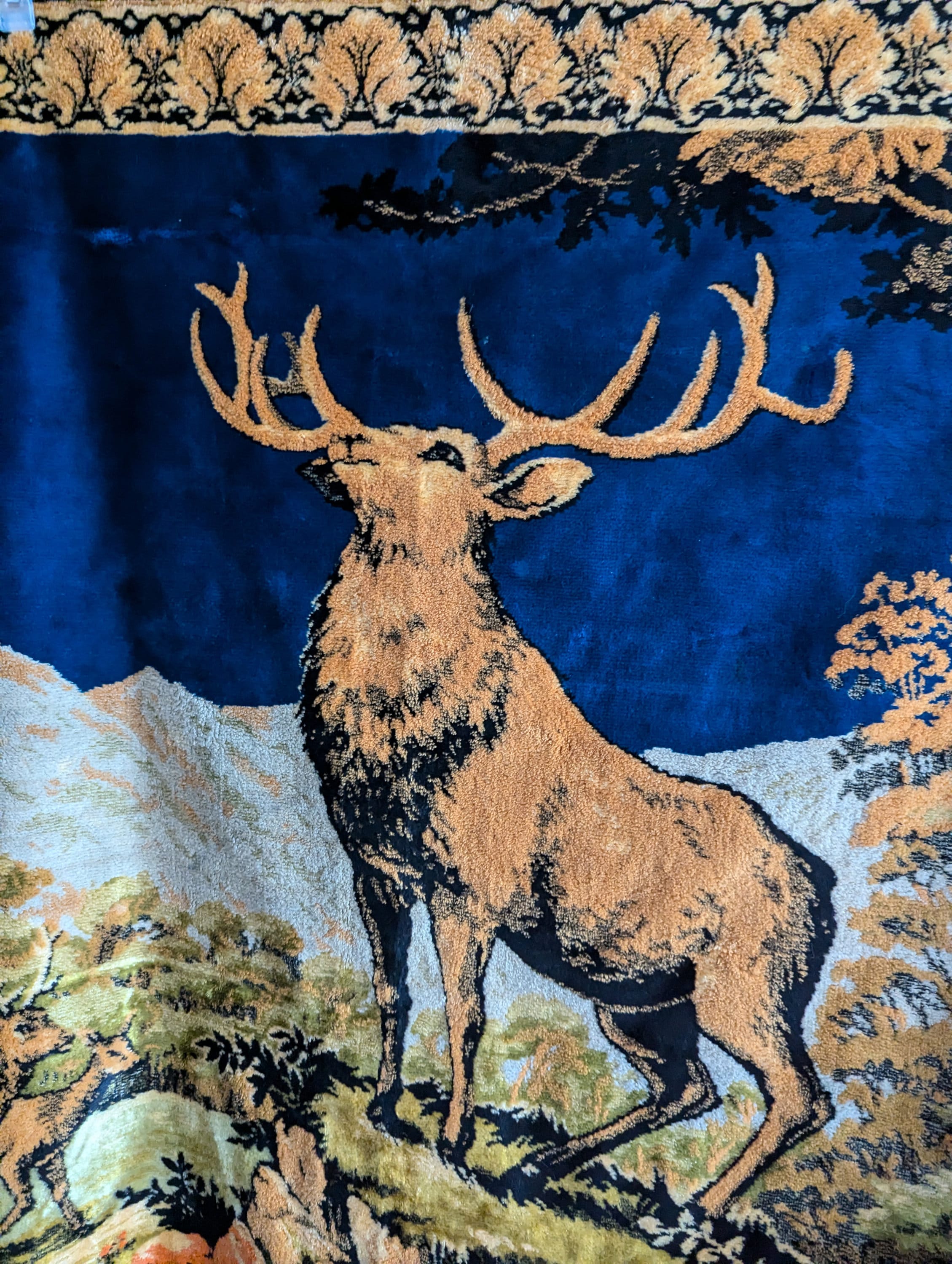 Vintage 1970 Tapestry Elk and Mountain Blue Sky Rug or Wall