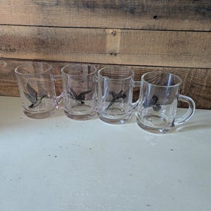 May include: Four clear glass mugs, each featuring a black etched illustration of a different bird species. The designs include a Canada Goose, Canvasback, Ring-Necked Pheasant, and Ruffed Grouse, with the name of each bird printed below the image.