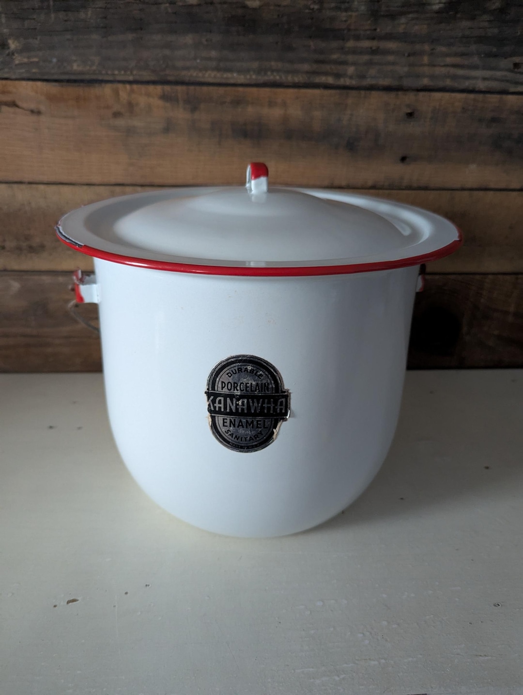 White Enamelware Pot With Lid and Handle Red Rim Antique Chamber Pot - Etsy