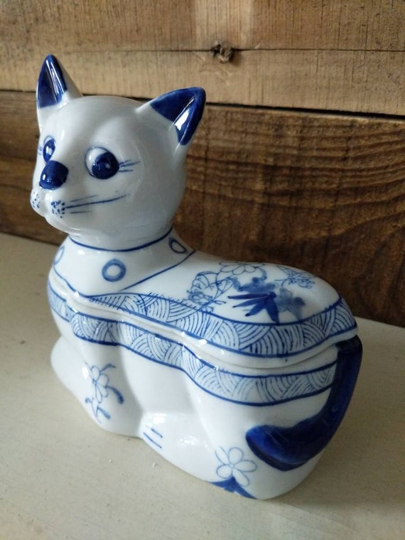 Cat Trinket Box Ceramic Blue Vintage - image 8