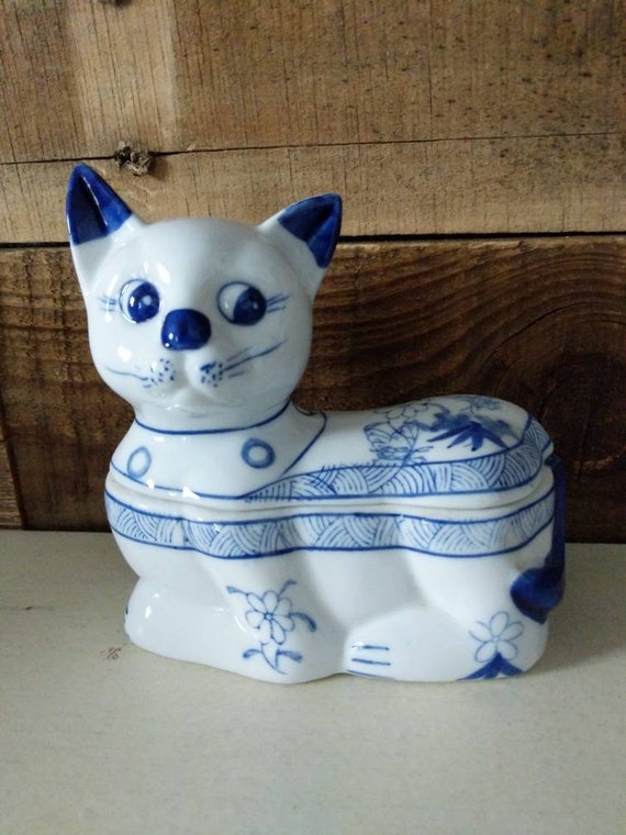 Cat Trinket Box Ceramic Blue Vintage - image 1