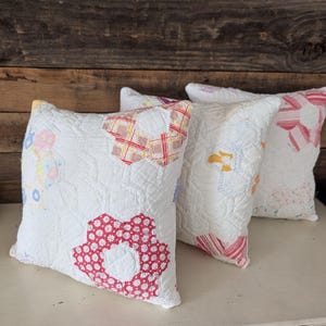 Antique Quilt Throw Pillow Hexie Quilt Block Pillow Vintage Distressed Fabric Pillow