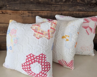 Antique Hexie Quilt Throw Pillow: Vintage Distressed Fabric