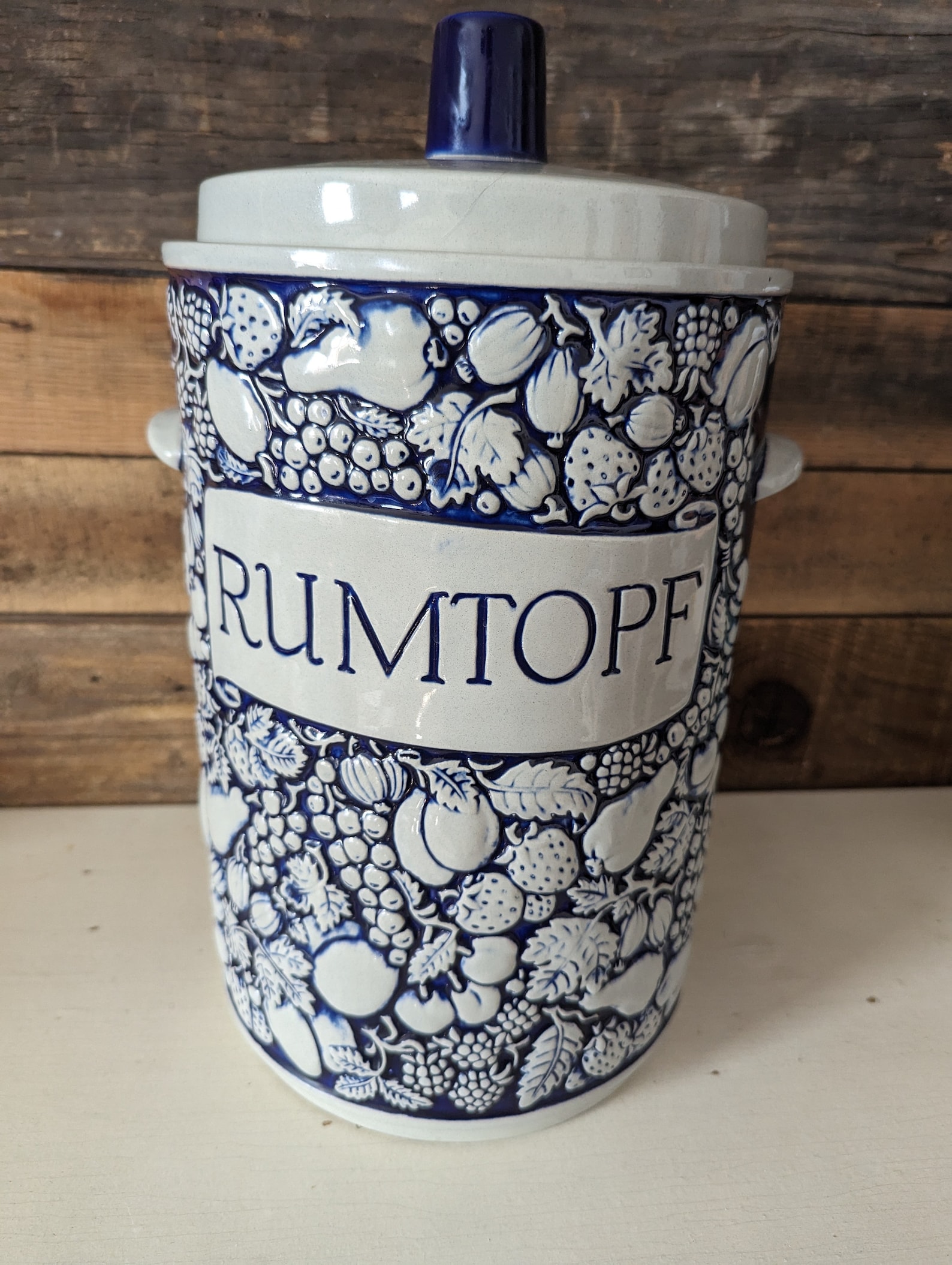 Vintage Rumtopf Crock Blue Ceramic Canister with Lid Made in Germany