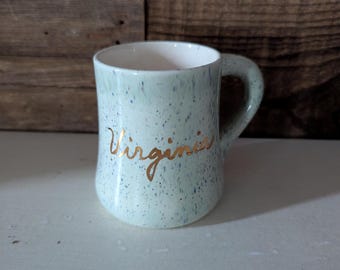 Virginia Mug Handmade Ceramic Speckled Mug Gold Lettering 8 oz.