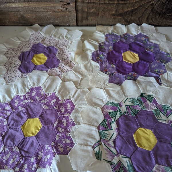 Handstitched Grandmother's Garden Flower Garden Quilt Blocks Purple Hexagon Quilt Blocks
