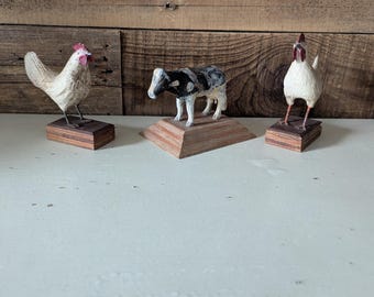 Hand Carved Wooden Cow and Chickens Signed Figurines Farmhouse Decor