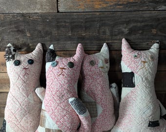 Antique Quilt Cat Pillow Button Eyes Farmhouse Decor Pillow Distressed Fabric