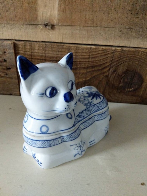 Cat Trinket Box Ceramic Blue Vintage - image 9