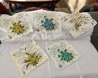 Vintage Dainty Cotton Handkerchiefs, Vintage, Retro Accessories, Yellow, Blue, Turquoise Floral Bouquets, Scalloped Edges, Brand New