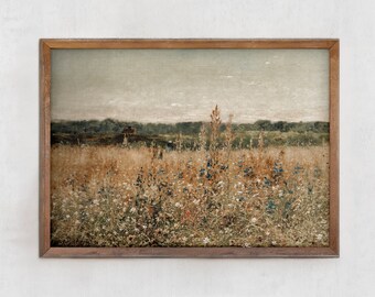 PRINTABLE Wildflower Field Landscape Vintage Art Country Landscape Painting, Vintage Print, Landscape Print, Primitive, Digital Download