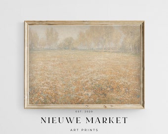Arte paisajístico IMPRIMIBLE, Pintura de prado de primavera, Campo campestre, Pintura de paisaje, Impresión de paisaje vintage, Primitivo, Descarga digital
