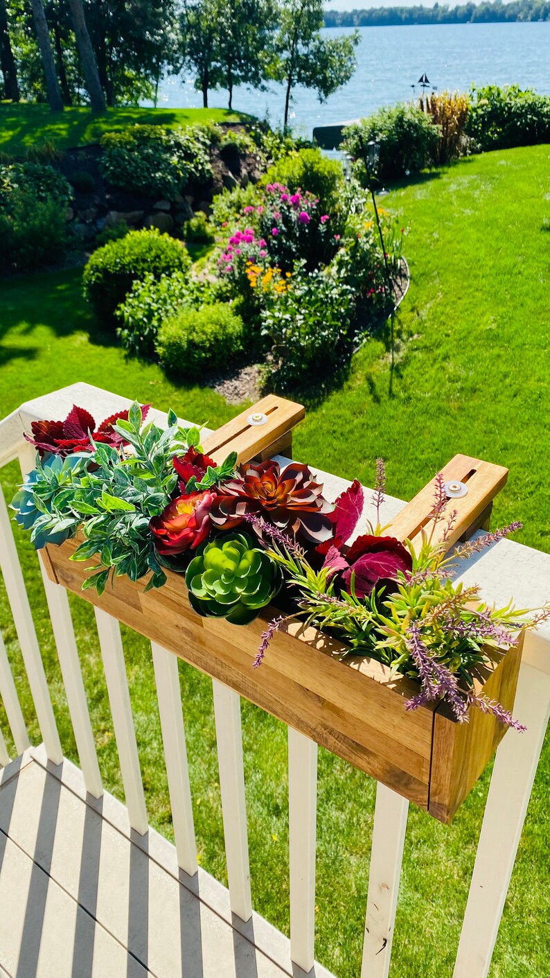 Acacia Wood Railing Planter Box, Deck Railing Planter, Balcony Planter Hanging, Deck Rail Planter, Herb Planter, Outdoor Box by Patio Wise image 1