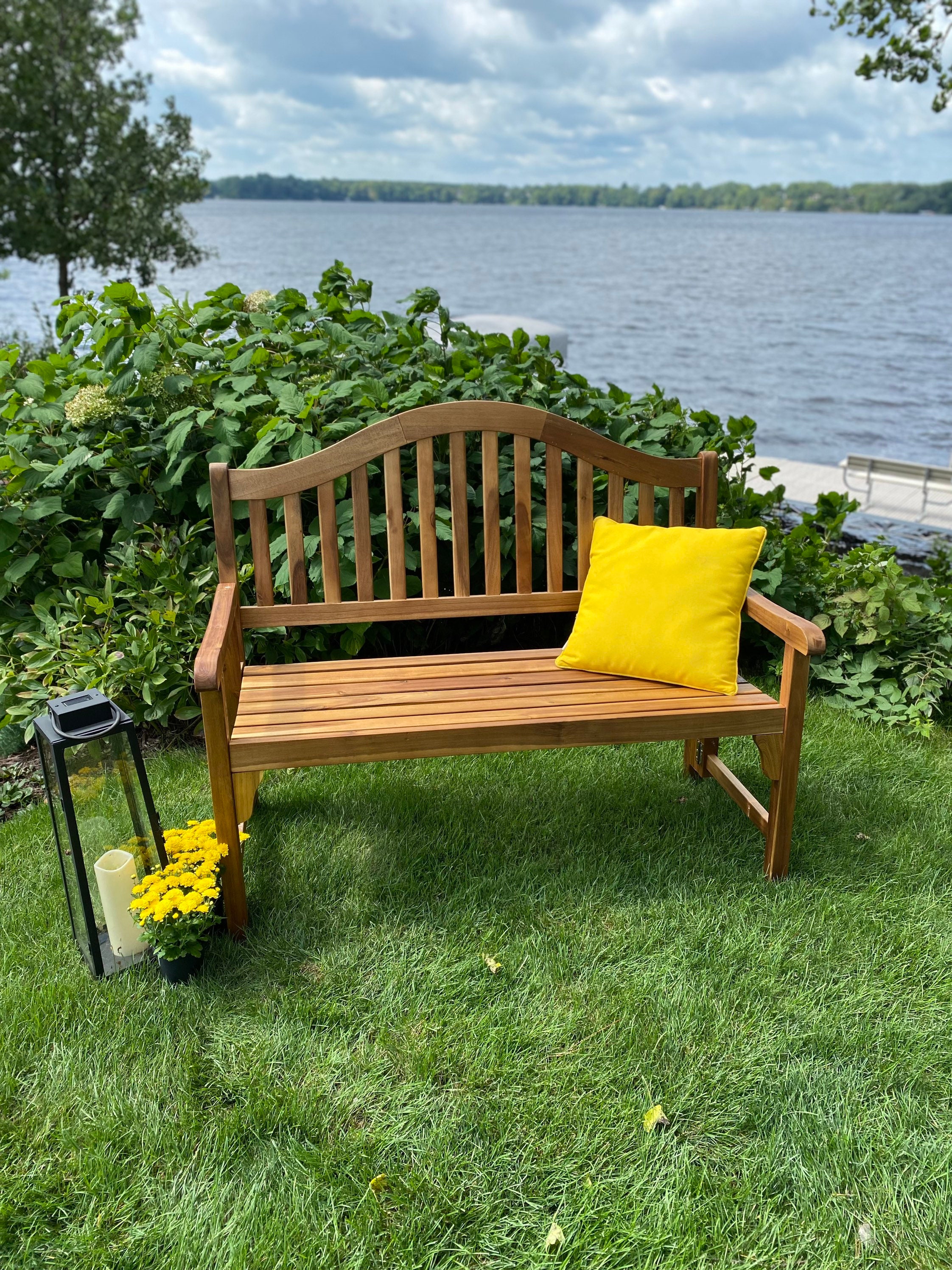 Garden Farmhouse Dining Park Bench Rustic Metal Iron Acacia Wood