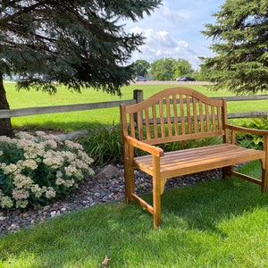 Acacia Wood Garden Bench, Patio Wise Classic Folding Bench, Wooden Outdoor Furniture, Rustic Farmhouse, Wood Park Bench by Patio Wise afbeelding 6