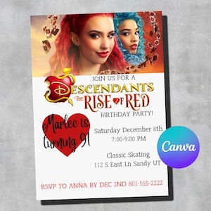 Descendants Rise of Red Geburtstagseinladung, sofortiger CUSTOM digitaler Download, Prinzessin Red Party einladen, Mädchen Geburtstag, Herzkönigin, editierbar