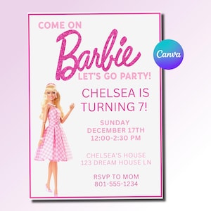 Come on lets go party, CUSTOM digital download, Pink Doll Birthday Invitation, Doll Party Invite, barbi birthday, barb party, instant canva