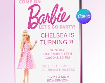 May include: Pink and white Barbie birthday party invitation with a cartoon image of Barbie in a pink and white gingham dress. The invitation says "Come on Barbie Let's Go Party! Chelsea is turning 7! Sunday December 17th 12:00-2:30 PM Chelsea's House 123 Dream House Ln RSVP to Mom 801-555-1234"