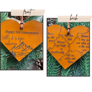 Personalized anniversary ornament both sides, 3rd anniversary gift, Leather anniversary, Heart-shaped Christmas ornaments, Personalized gift