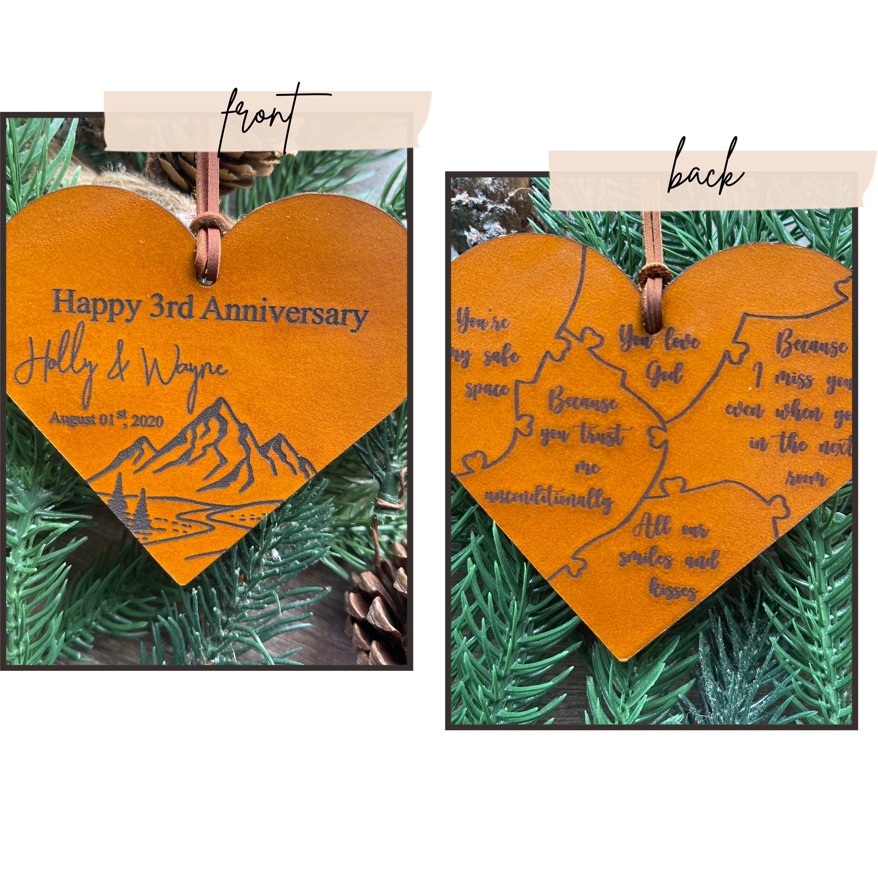 Personalized anniversary ornament both sides, 3rd anniversary gift, Leather anniversary, Heart-shaped Christmas ornaments, Personalized gift