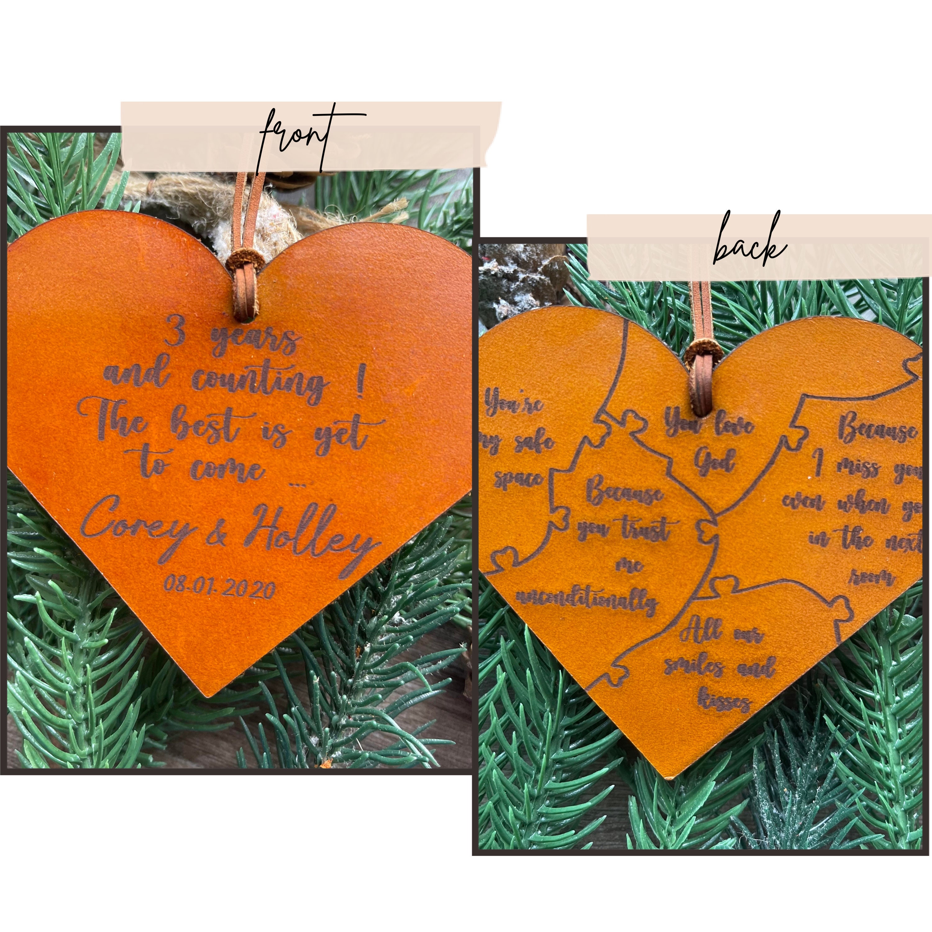 Personalized anniversary ornament both sides, 3rd anniversary gift, Leather anniversary, Heart-shaped Christmas ornaments, Personalized gift