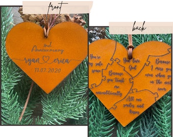 Personalized anniversary ornament both sides, 3rd anniversary gift, Leather anniversary, Heart-shaped Christmas ornaments, Personalized gift
