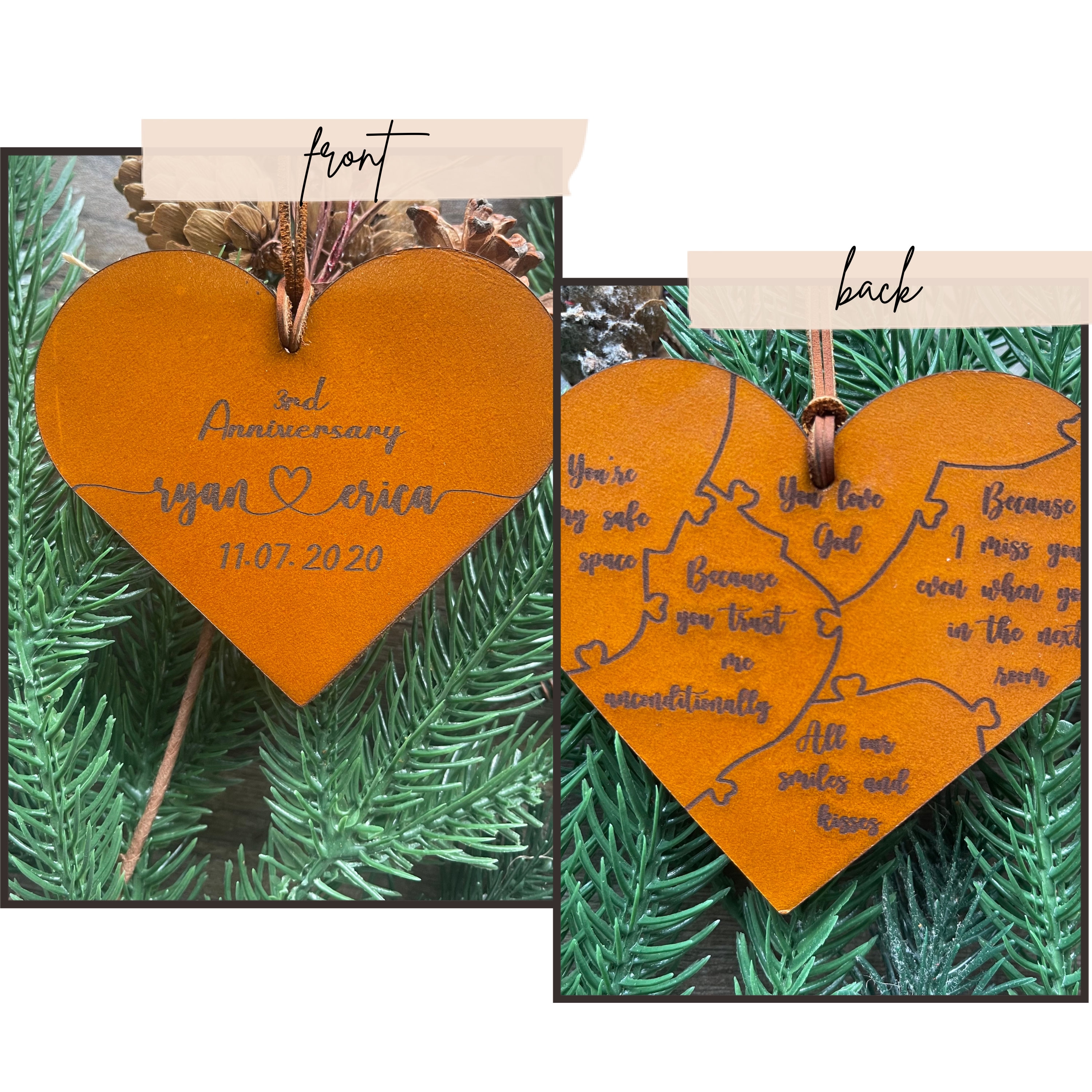 Personalized anniversary ornament both sides, 3rd anniversary gift, Leather anniversary, Heart-shaped Christmas ornaments, Personalized gift