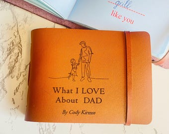 50 Fill-in-blank DAD Was ich an Ihnen LIEBE Lederbuch, personalisiertes Geschenk für Papa, Vatertagsgeschenke für Papa, Erinnerungsbuch Andenken