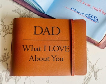 50 Fill-in-blank DAD Was ich an Ihnen LIEBE Lederbuch, personalisiertes Geschenk für Papa, Vatertagsgeschenke für Papa, Erinnerungsbuch Andenken