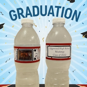 Graduation Water Bottle Labels Stickers | Personalized School Colors | Photo and Name | Large & Mini Sizes | Custom Graduation Party Favors