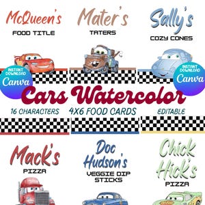 May include: Watercolor food cards featuring characters from the Cars movie. The cards include names like McQueen's, Mater's, and Sally's, with food titles such as "Pizza" and "Veggie Dip Sticks." The design includes a checkered pattern.