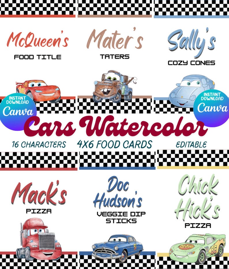 May include: Watercolor food cards featuring characters from the Cars movie. The cards include names like McQueen's, Mater's, and Sally's, with food titles such as "Pizza" and "Veggie Dip Sticks." The design includes a checkered pattern.