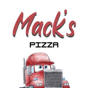 May include: A red cartoon truck with the text "Mack's Pizza" on a white background. The truck has a smiling face and blue eyes. The top and bottom borders feature a black and white checkered pattern.