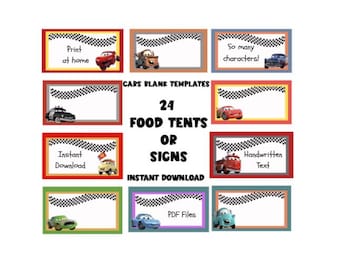 Instant Download Blank Cars Food Tents | Cars Party | Food Signs | Car Decorations | Lightening McQueen | Mater | Cars Birthday | Kids Party