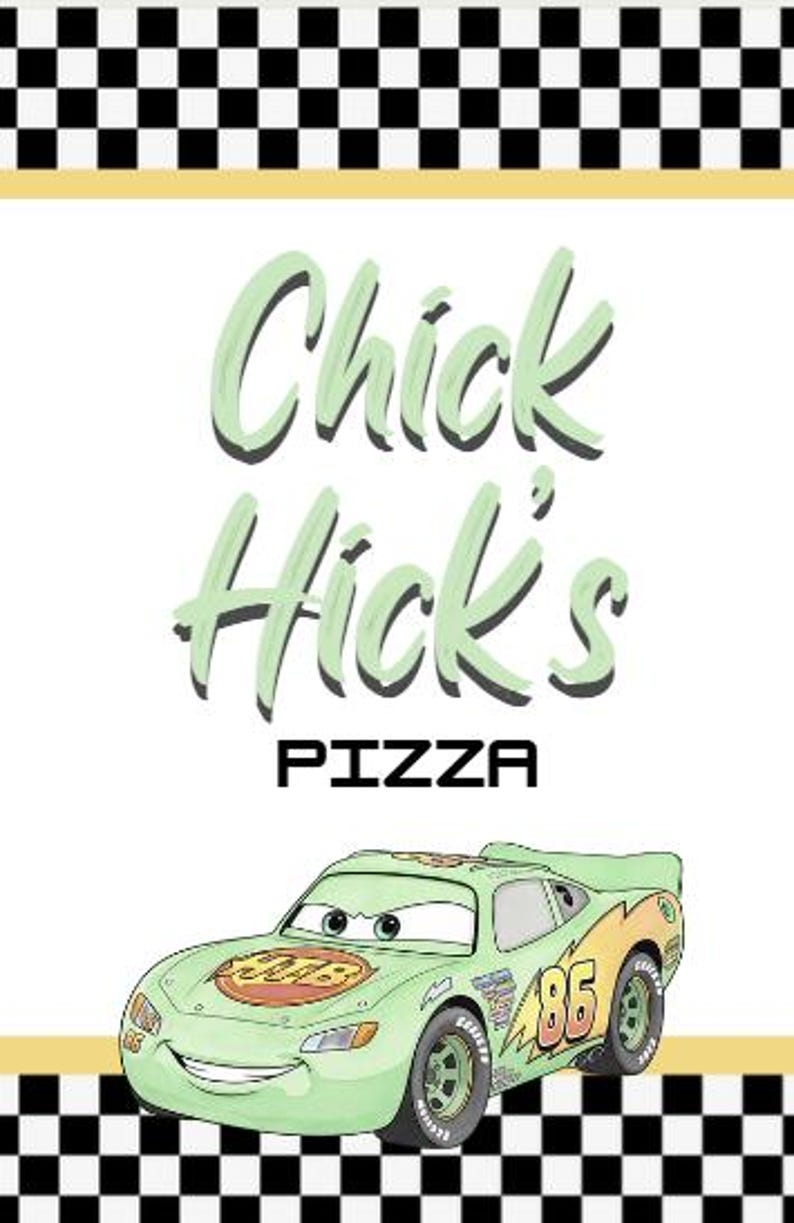 May include: A poster with the text "Chick Hick's PIZZA" in green and black. A cartoon car with a pizza design is at the bottom. The top and bottom borders have a black and white checkered pattern.