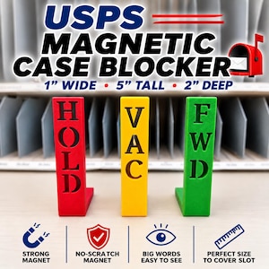 May include: Three L-shaped magnetic case blockers in red, yellow, and green. The red blocker is labeled HOLD, the yellow VAC, and the green FWD. Each measures 1 inch wide, 5 inches tall, and 2 inches deep. Text includes USPS MAGNETIC CASE BLOCKER.